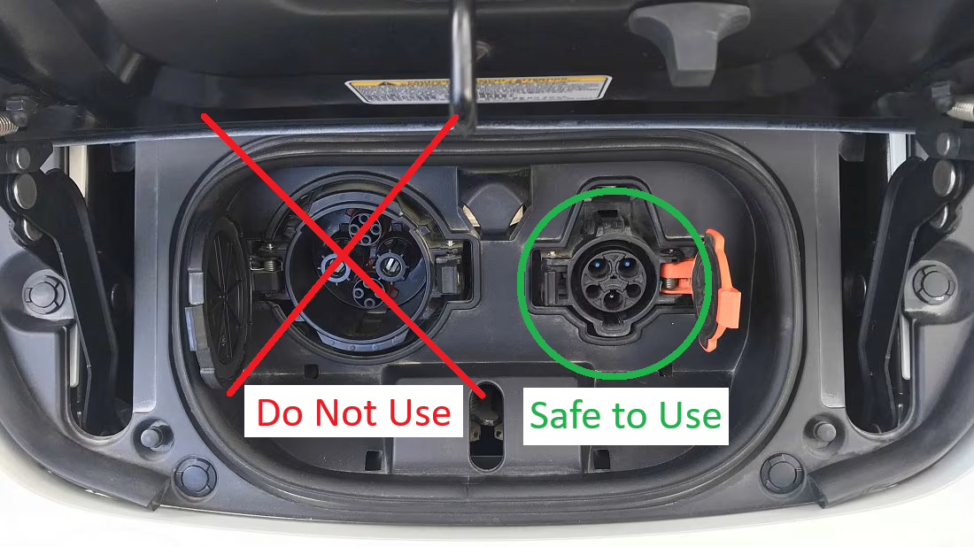 image of Nissan Leaf charge port. Left port is covered with a red X and is labeled "Do Not Use", right port is circled in green and labeled "Safe to Use"
