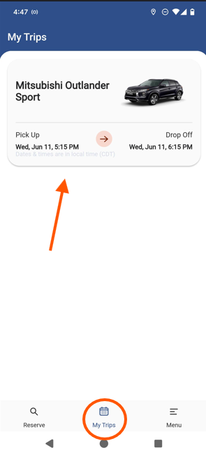 The app with center menu item My Trips circled, and an arrow pointing to an upcoming trip